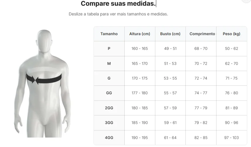 Tabela de tamanhos — Camisa Feminina Corinthians Titular 26/27